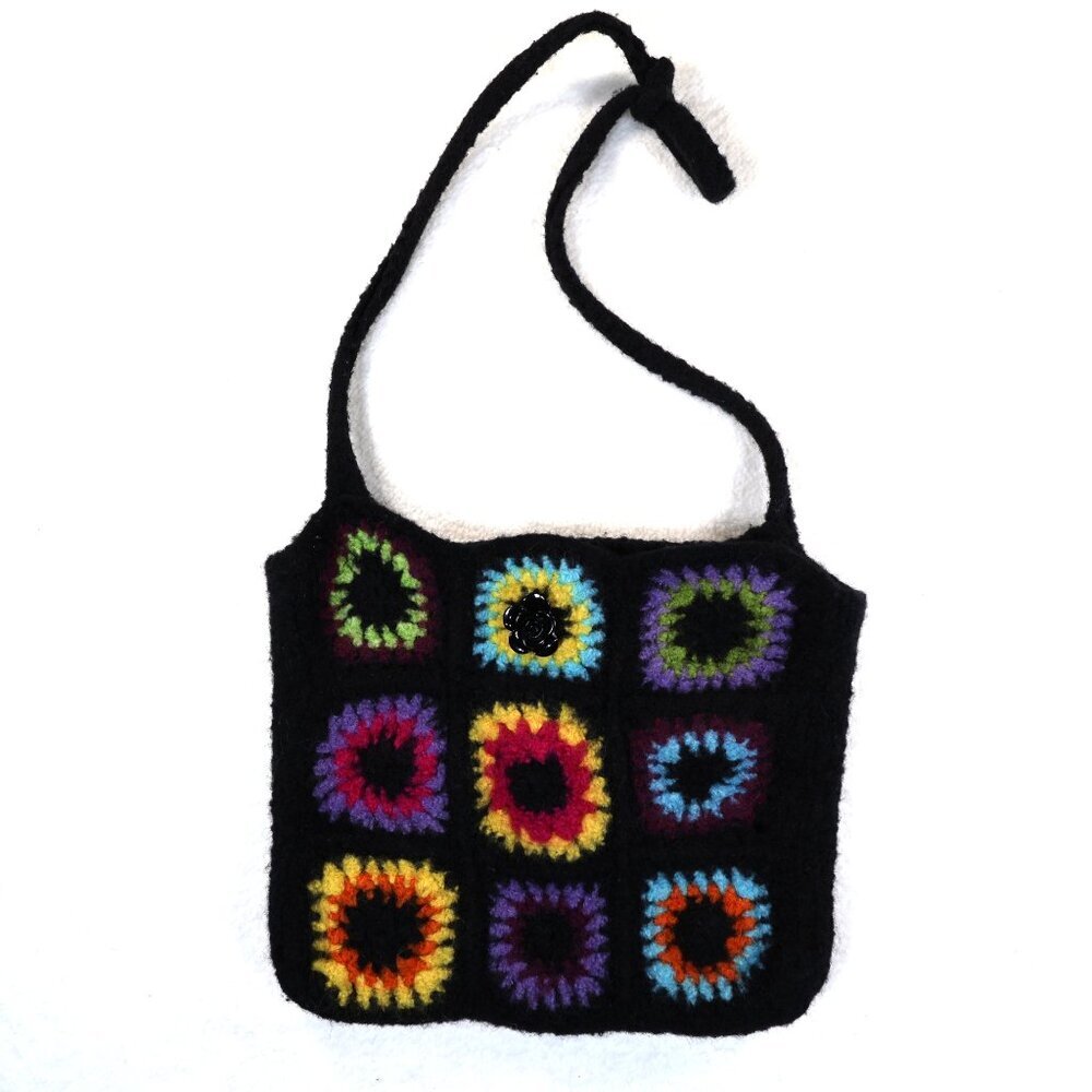 Handmade‎ Crochet Green Granny Square Handbag With Stone Strap Button Closure
